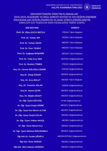 2025 Yılında Akreditasyon ve Dış Değerlendirme Programı Değerlendiricisi Olarak Görevlendirilen Öğretim Üyelerimize Teşekkür Ederiz